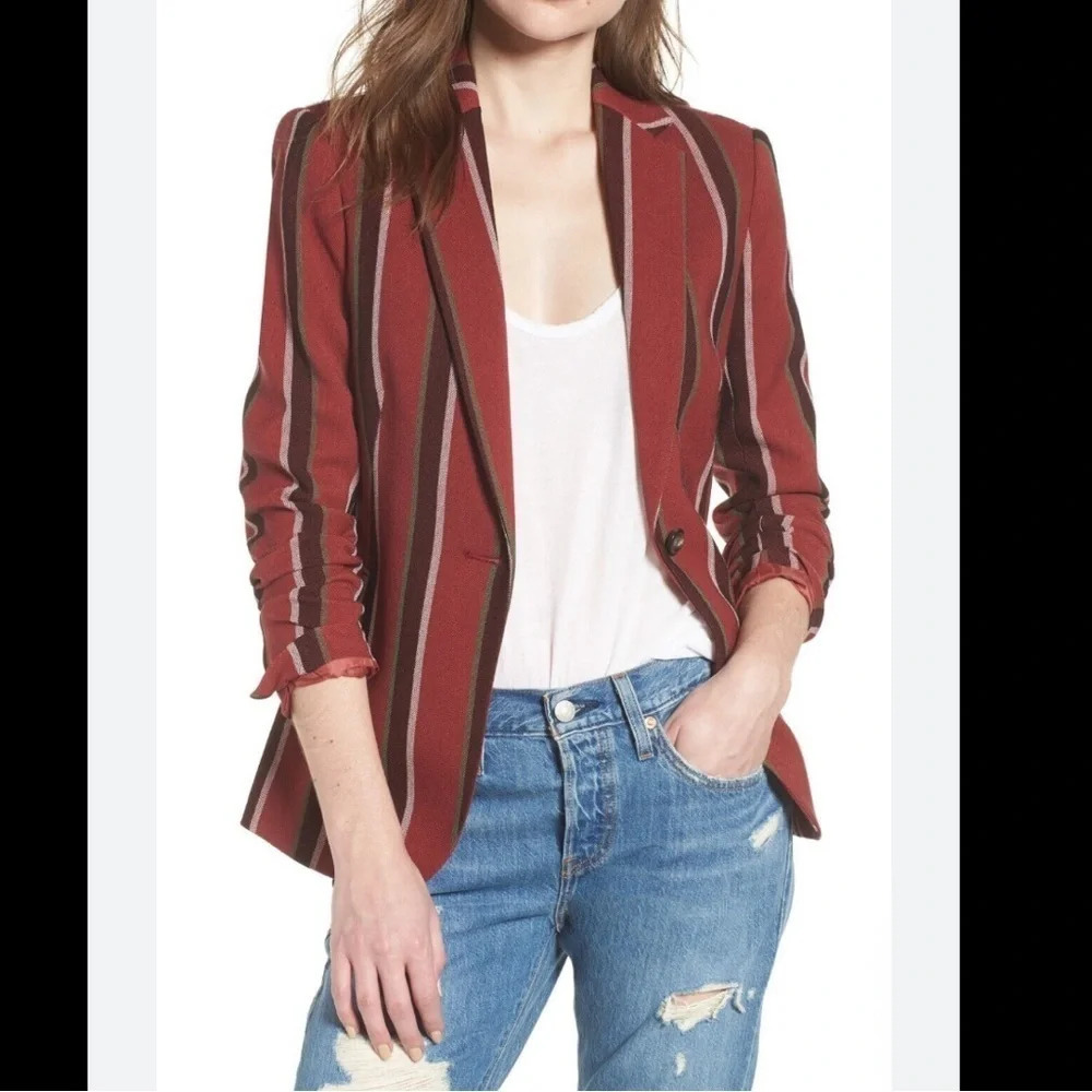 Mural Red Burgundy Stripe Button Blazer